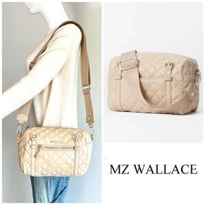 MZ WALLACE Crosby Barrel Beige Nylon Leather Trim Lightweight Shoulder Bag